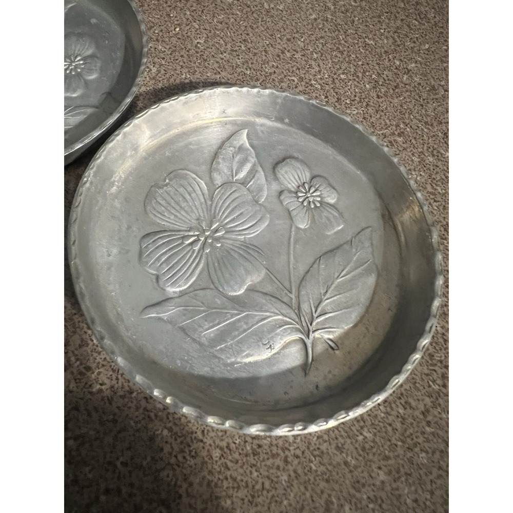 STEDE Vintage Aluminum Embossed Coasters Dogwood Flower And Leaves Set Of 3